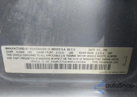 2008 Volkswagen Jetta Wolfsburg Edition из США, поврежденный, VIN 3VWRJ71K48M120046